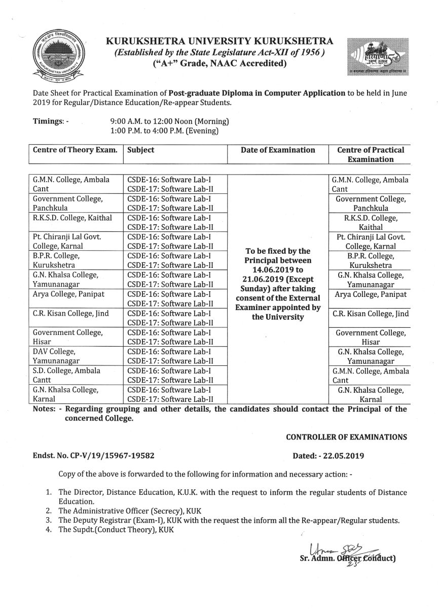 KUK Date Sheet 2019 20 www.kuk.ac.in BA/MA/MSC (UG/PG) Exam Scheme/Schedule